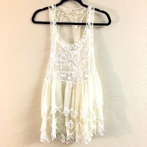 Wishlist Lace Tulle Tank Top S/M White Sheer Relaxed Oversized Festival Fairy